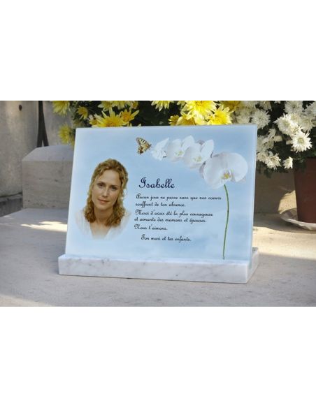 Plaque funéraire en verre personnalisable de 30x22 cm avec socle blanc
