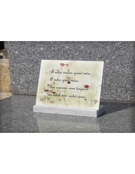 Plaque funéraire en verre personnalisable de 30x22 cm avec socle blanc