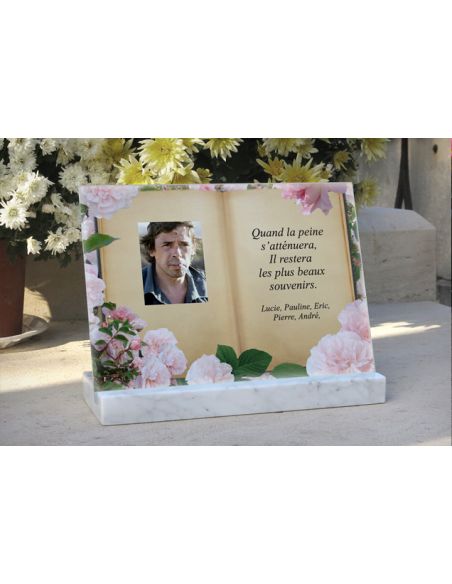 Plaque funéraire en verre personnalisable de 30x22 cm avec socle blanc
