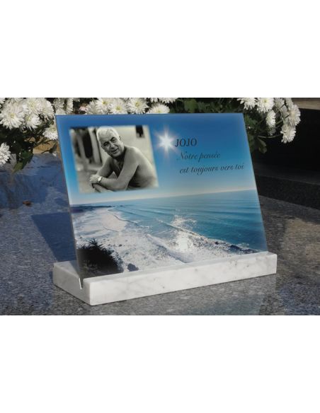 Plaque funéraire en verre personnalisable de 30x22 cm avec socle blanc