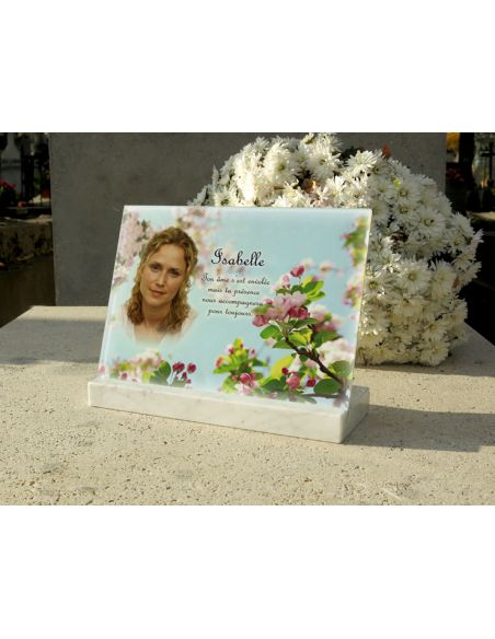 Plaque funéraire en verre personnalisable de 30x22 cm avec socle blanc