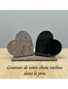 Plaque funéraire bi-colore en forme de deux cœurs, granit rose et noir, prête pour une gravure personnalisée. 2