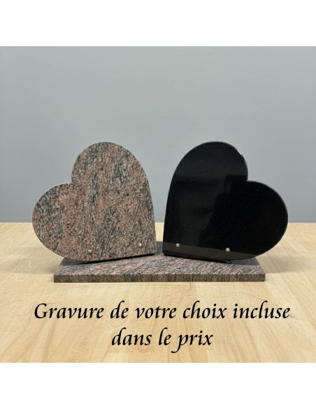 Plaque funéraire bi-colore en forme de deux cœurs, granit rose et noir, prête pour une gravure personnalisée.