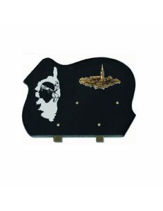 Plaque funéraire granit noir motif Corse tête de maure et village 25x35cm