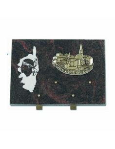 Plaque funéraire granit Himalaya Blue motif Corse et village bronze 25x35cm